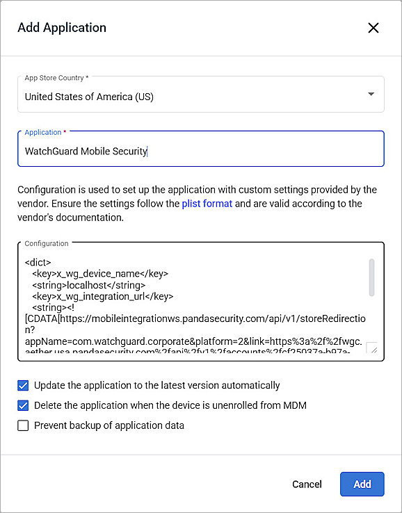 Screenshot of the Add Application dialog box for Apple MDM applications